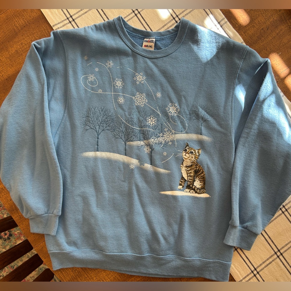 Vintage Jerzees Crewneck Sweatshirt Womens Large Blue Cat with Snowflakes - Picture 12 of 12